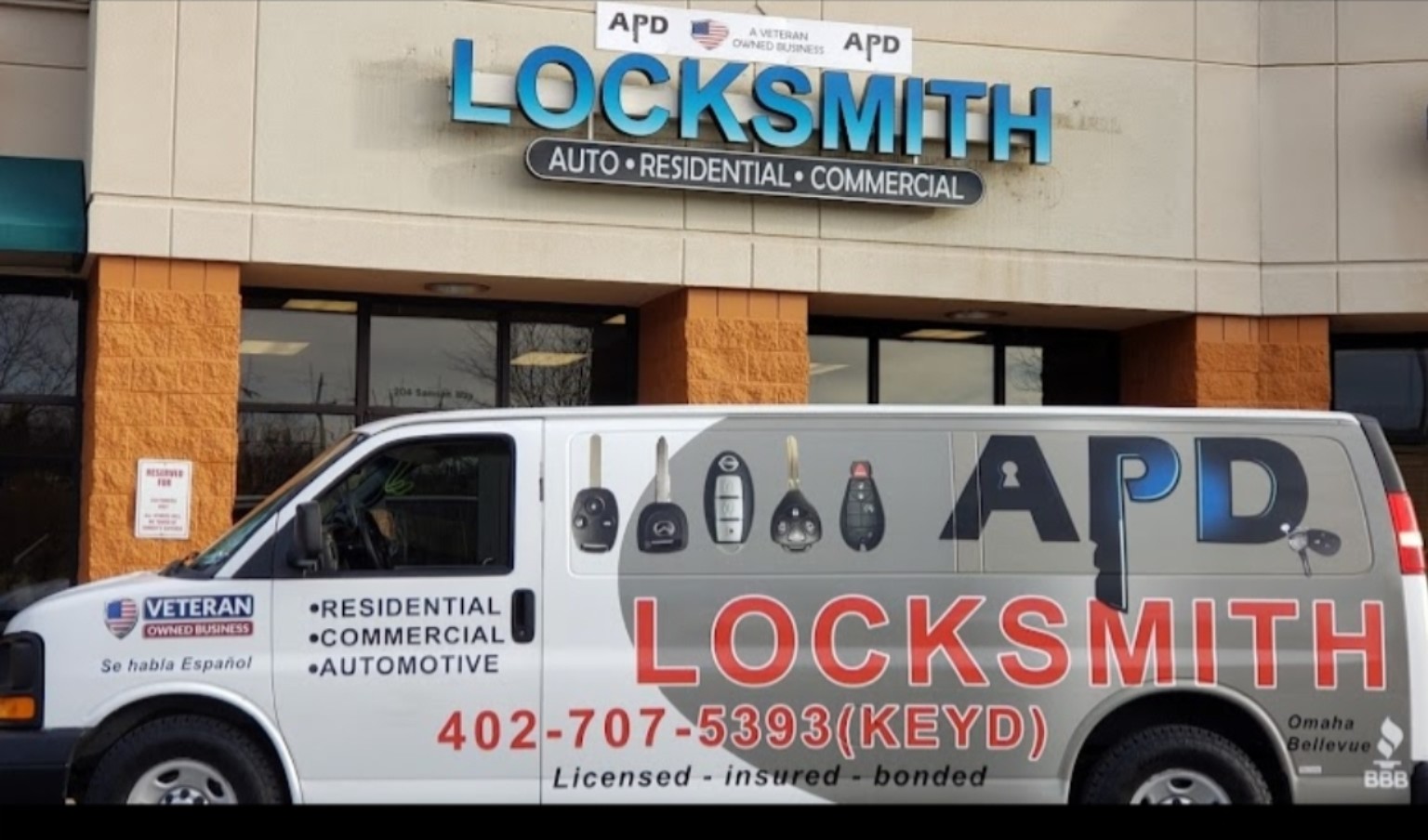 APD Locksmith service van parked at the Bellevue shop