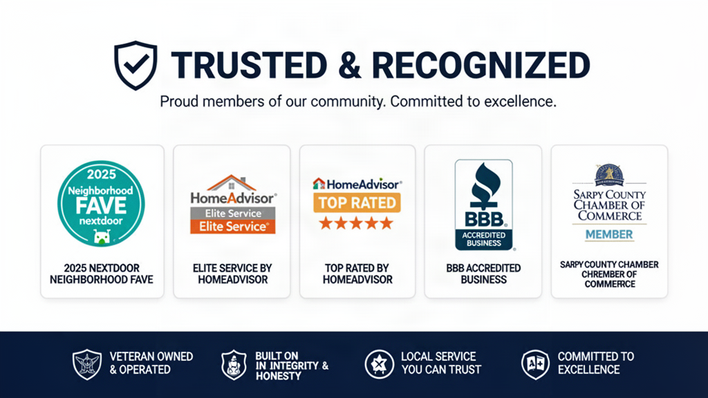 APD Locksmith trusted and recognized: 2025 Nextdoor Neighborhood Fave, HomeAdvisor Elite Service and Top Rated, BBB Accredited Business A+, and Sarpy County Chamber of Commerce member